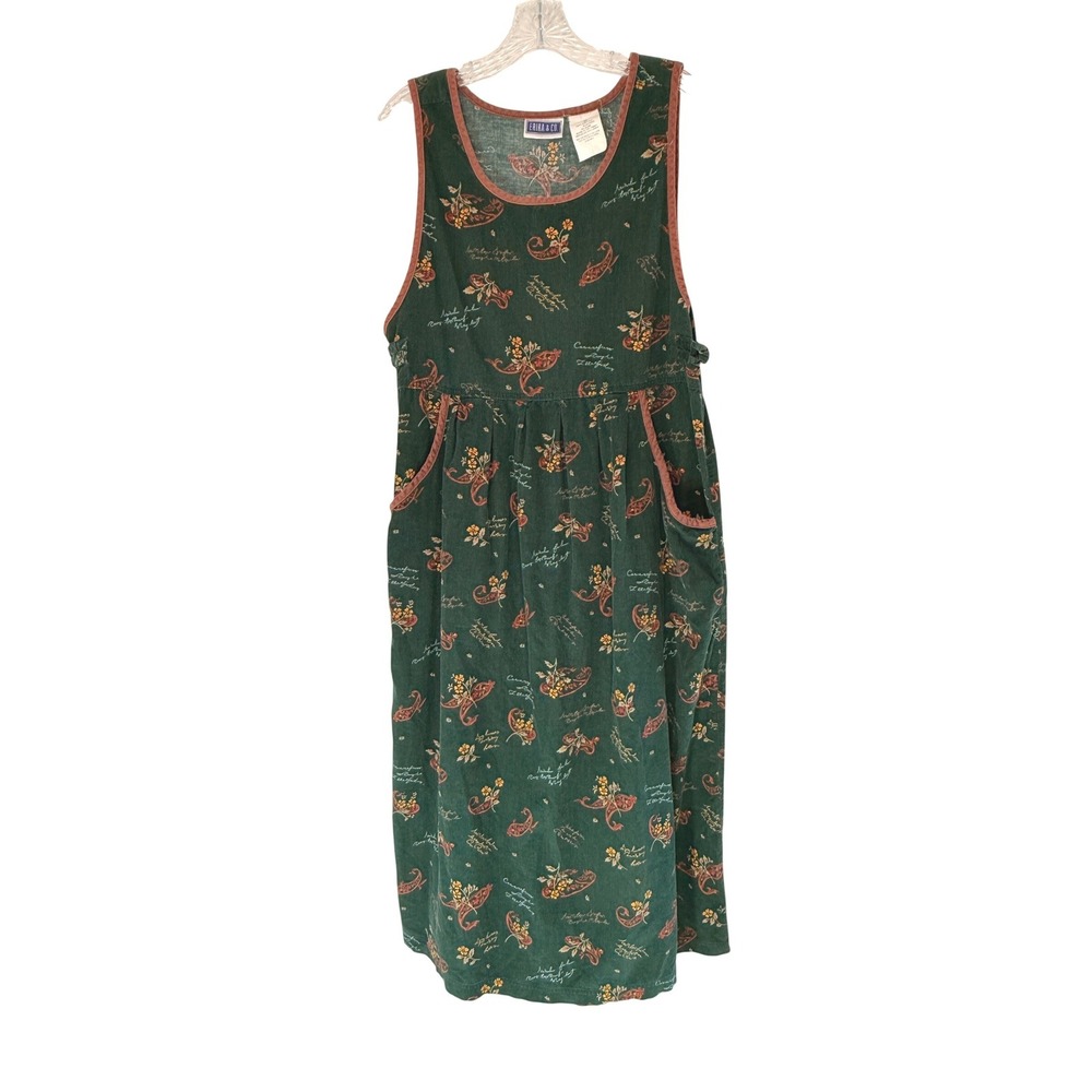 VTG Women's Corduroy Maxi Dress Green Fall Cotton Cottage Jumper Prairie Medium